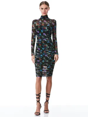 Alice & Olivia Delora Turtleneck Long Sleeve MIDI Dress - Beautiful Blooms