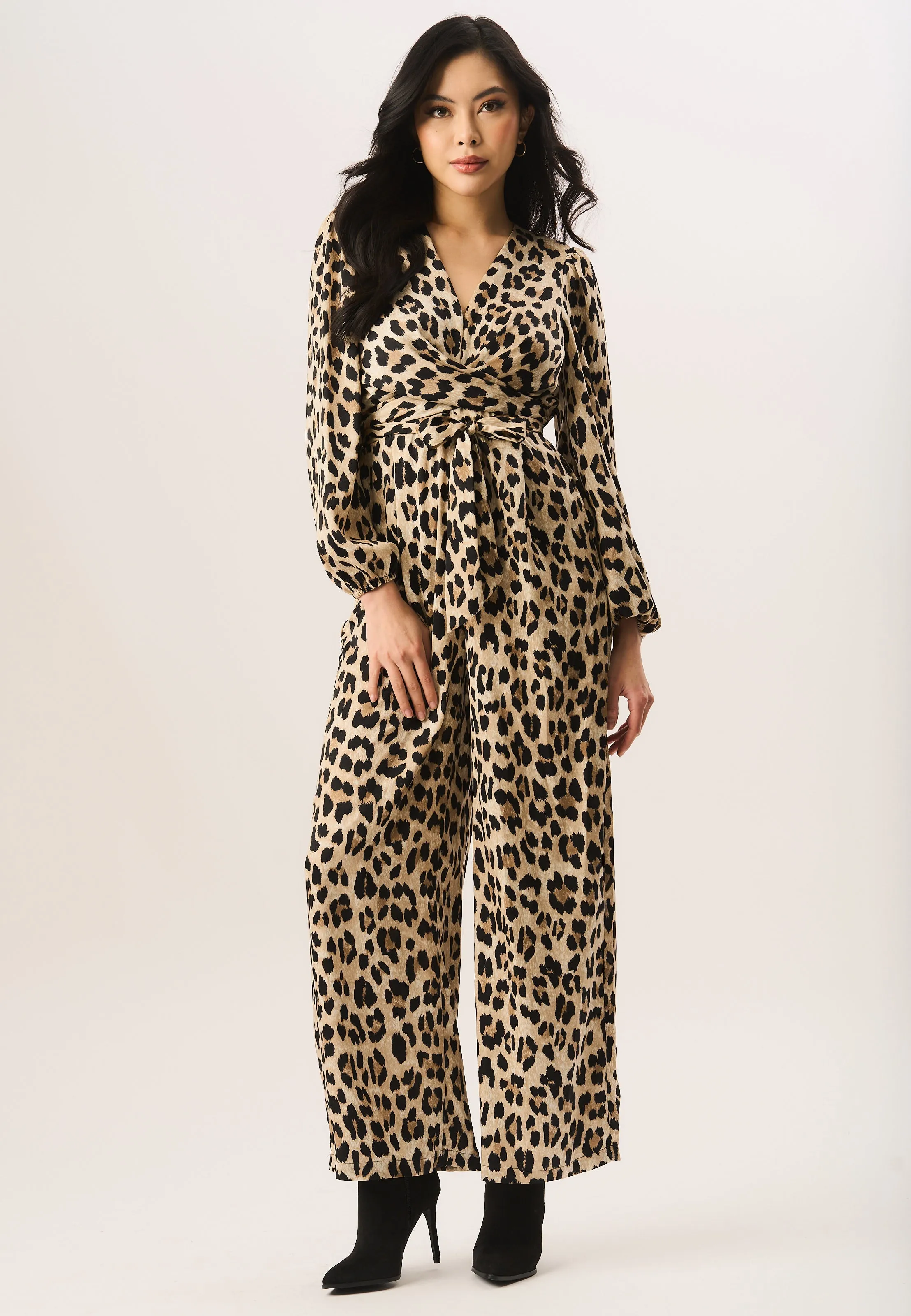 Beige Leopard Print Wrap Look Jumpsuit