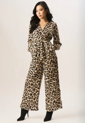 Beige Leopard Print Wrap Look Jumpsuit