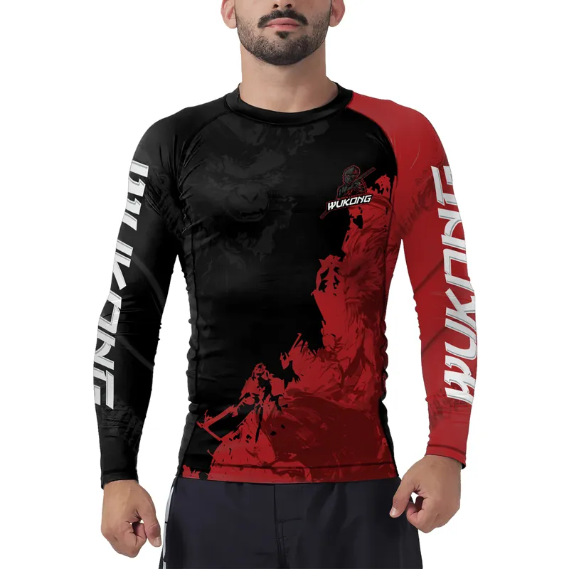 Black And Red Monkey King Men's Long Sleeve Rash Guard