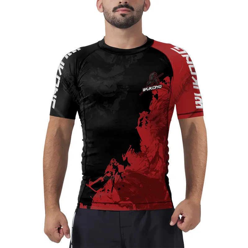Black And Red Monkey King Men's Short Sleeve Rash Guard