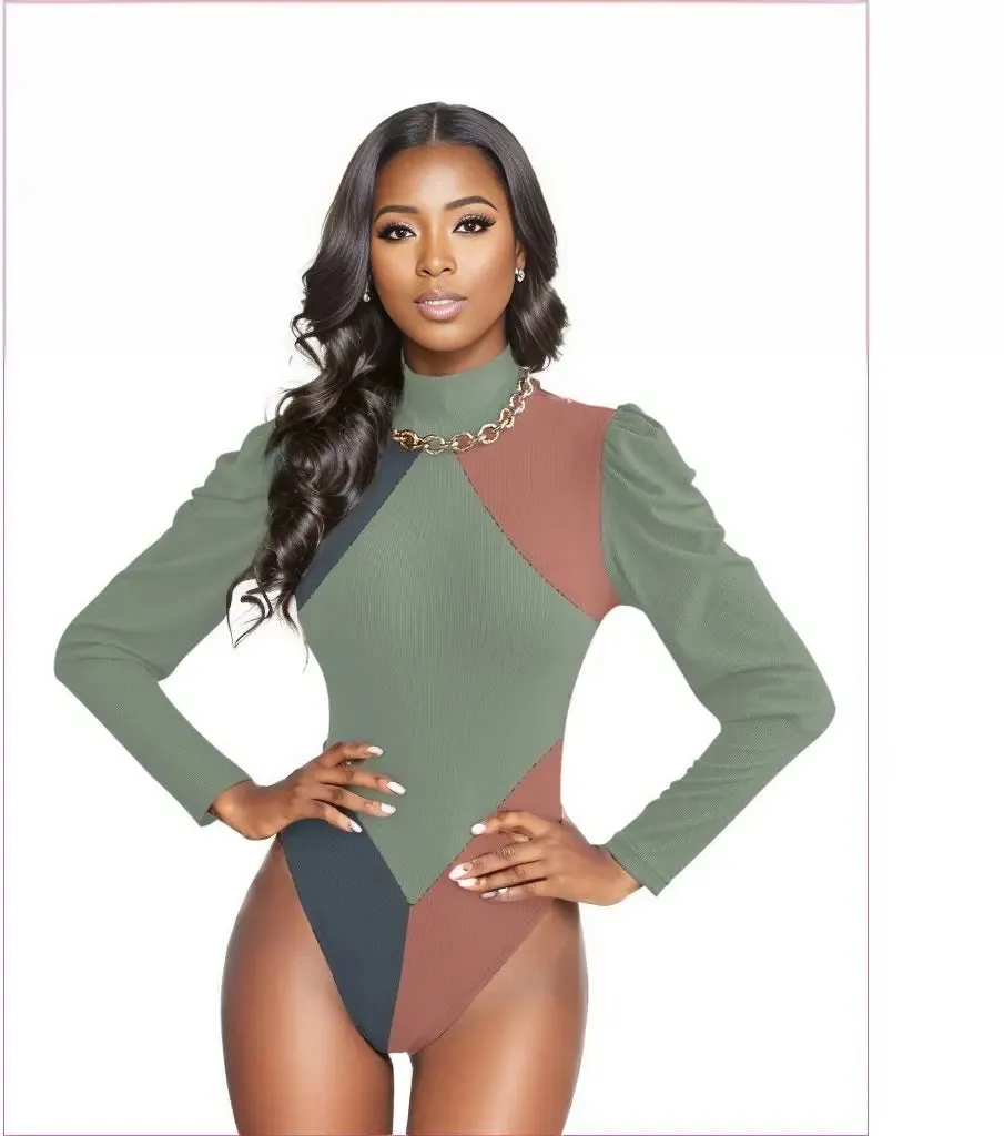 Eclectic Womens Turtleneck Bodysuit With Puff Sleeve