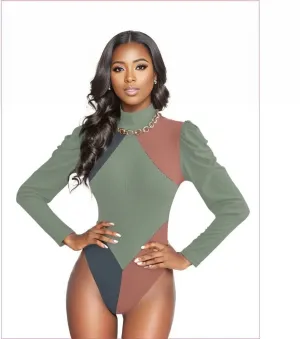 Eclectic Womens Turtleneck Bodysuit With Puff Sleeve