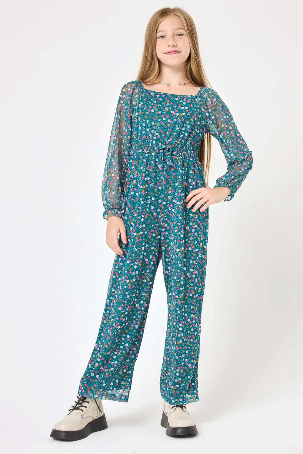 Kids Teal Floral Power Mesh Jumpsuit