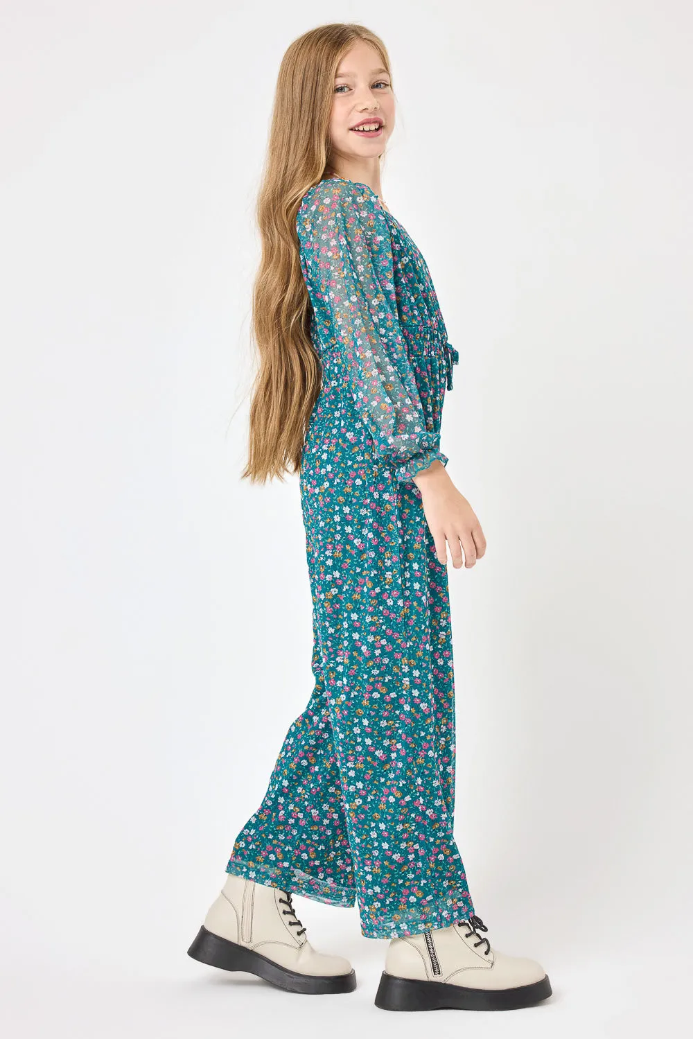 Kids Teal Floral Power Mesh Jumpsuit