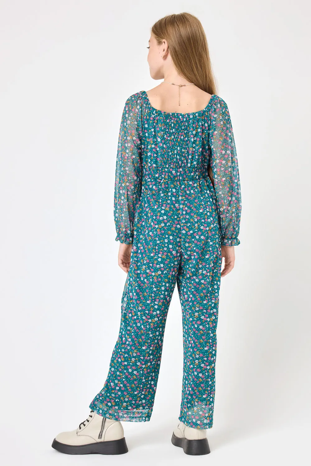 Kids Teal Floral Power Mesh Jumpsuit