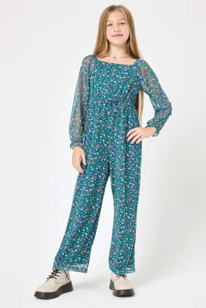 Kids Teal Floral Power Mesh Jumpsuit