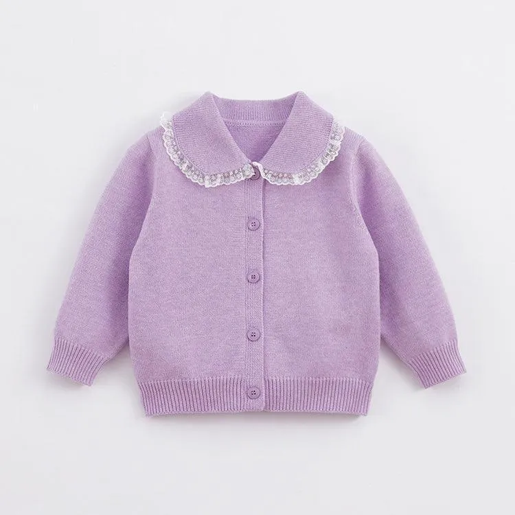 MARC & JANIE Girls Lace Peter Pan Collar Solid Cardigan 221388
