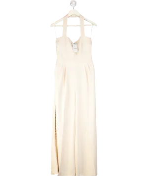 REISS Cream Viola Embroidery Halter Neck Wide-leg Jumpsuit UK 10