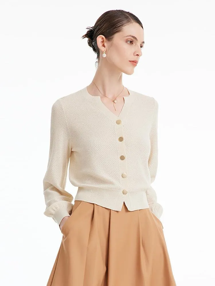 V-neck Sequins Tencel Mulberry Silk Knitted Cardigan