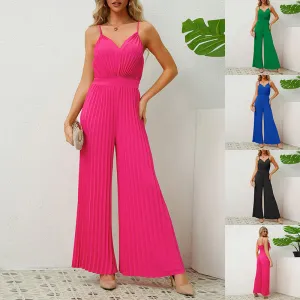 V-neck Suspender Pleated Jumpsuit Women Solid Color Loose Straight Pants