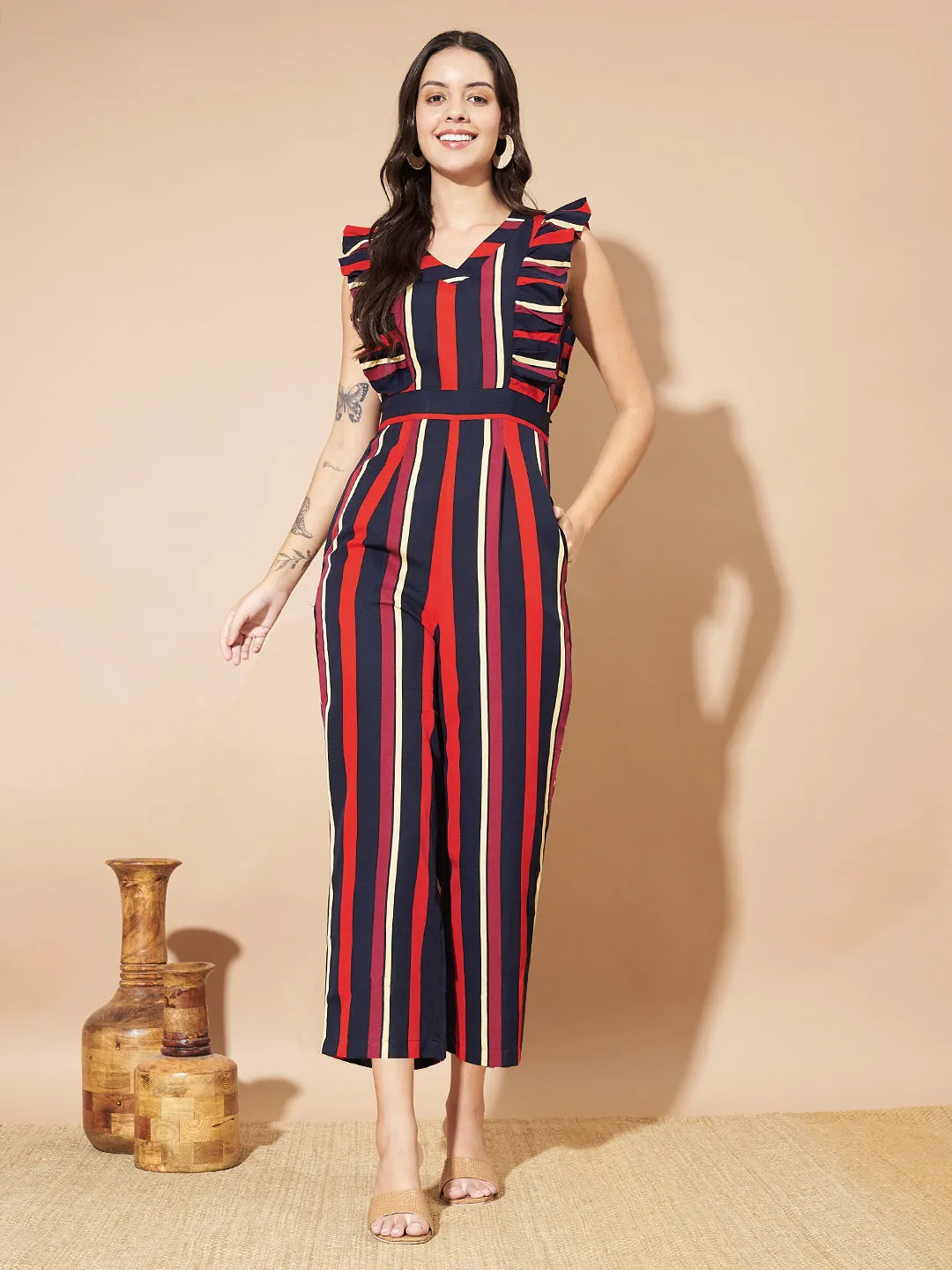 Women Striped Sleeveless with Ruffles Jumpsuit