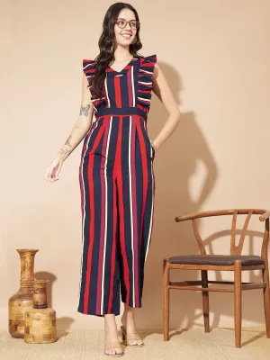 Women Striped Sleeveless with Ruffles Jumpsuit