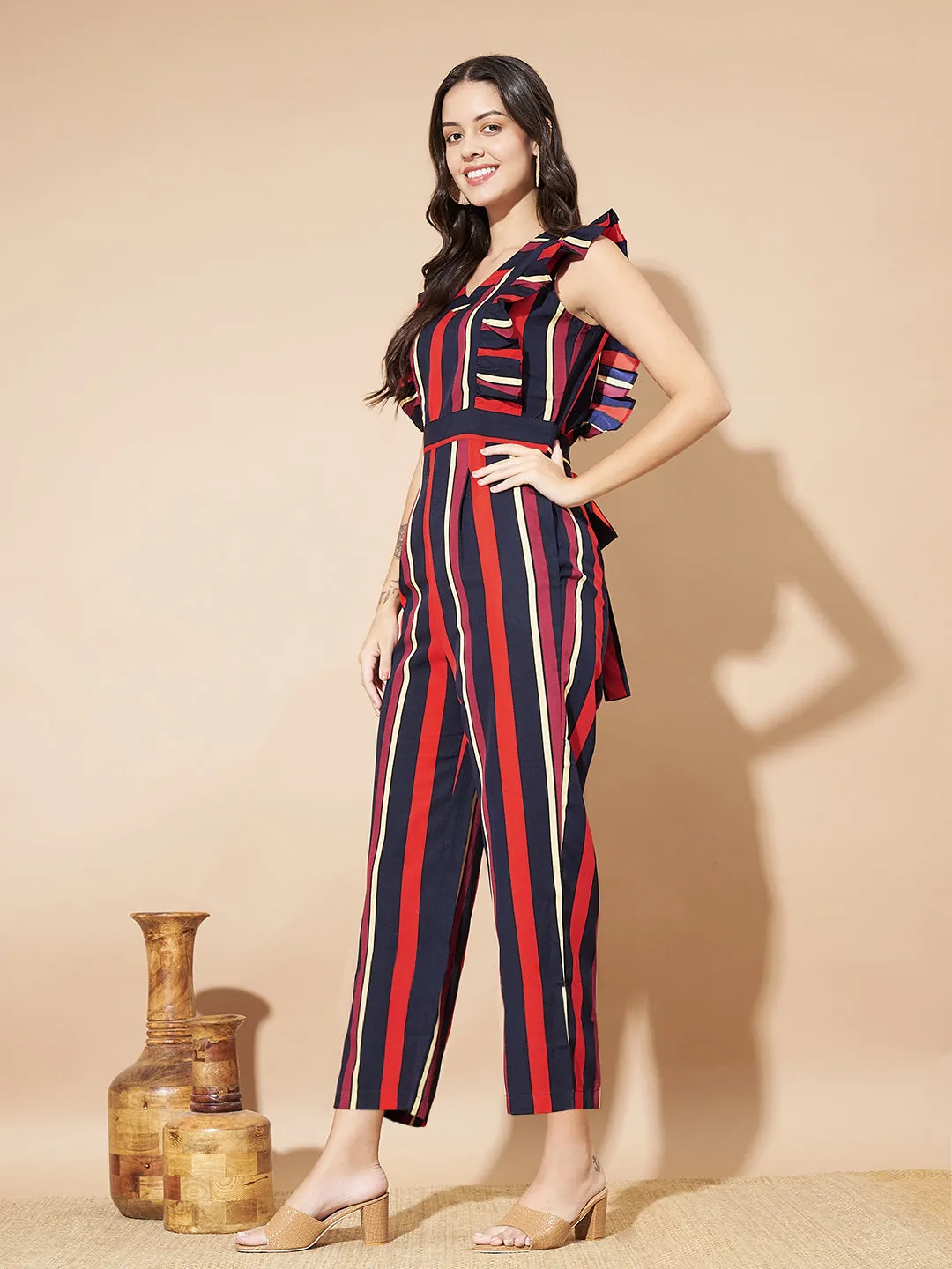 Women Striped Sleeveless with Ruffles Jumpsuit