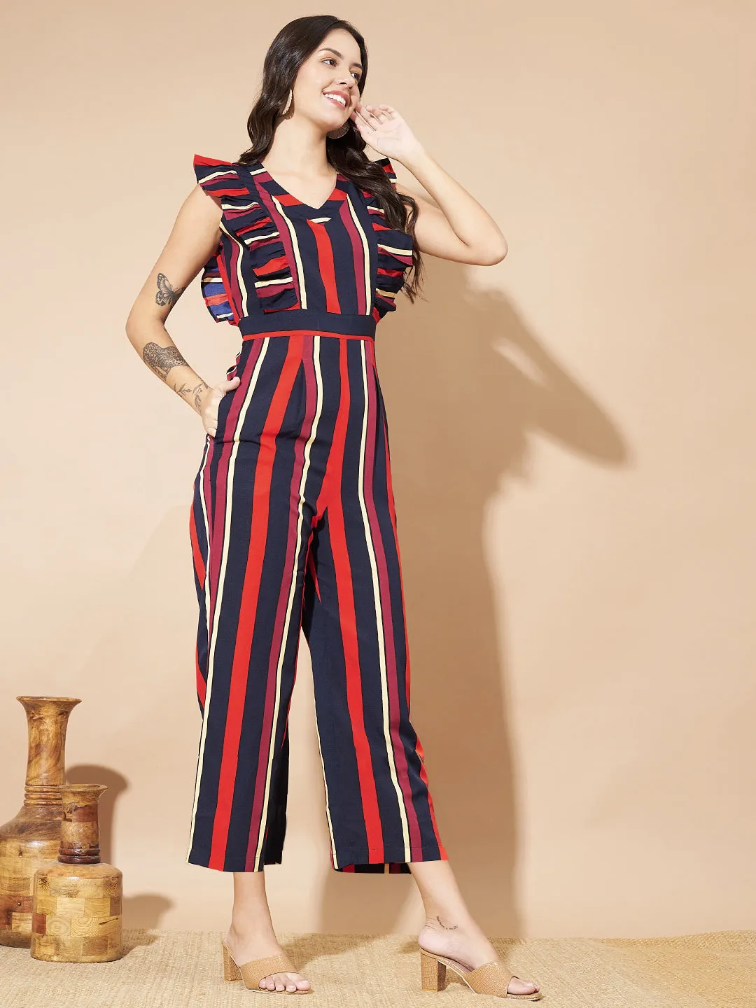 Women Striped Sleeveless with Ruffles Jumpsuit