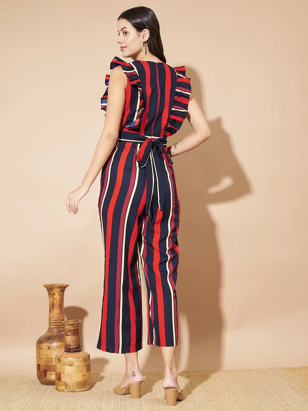Women Striped Sleeveless with Ruffles Jumpsuit