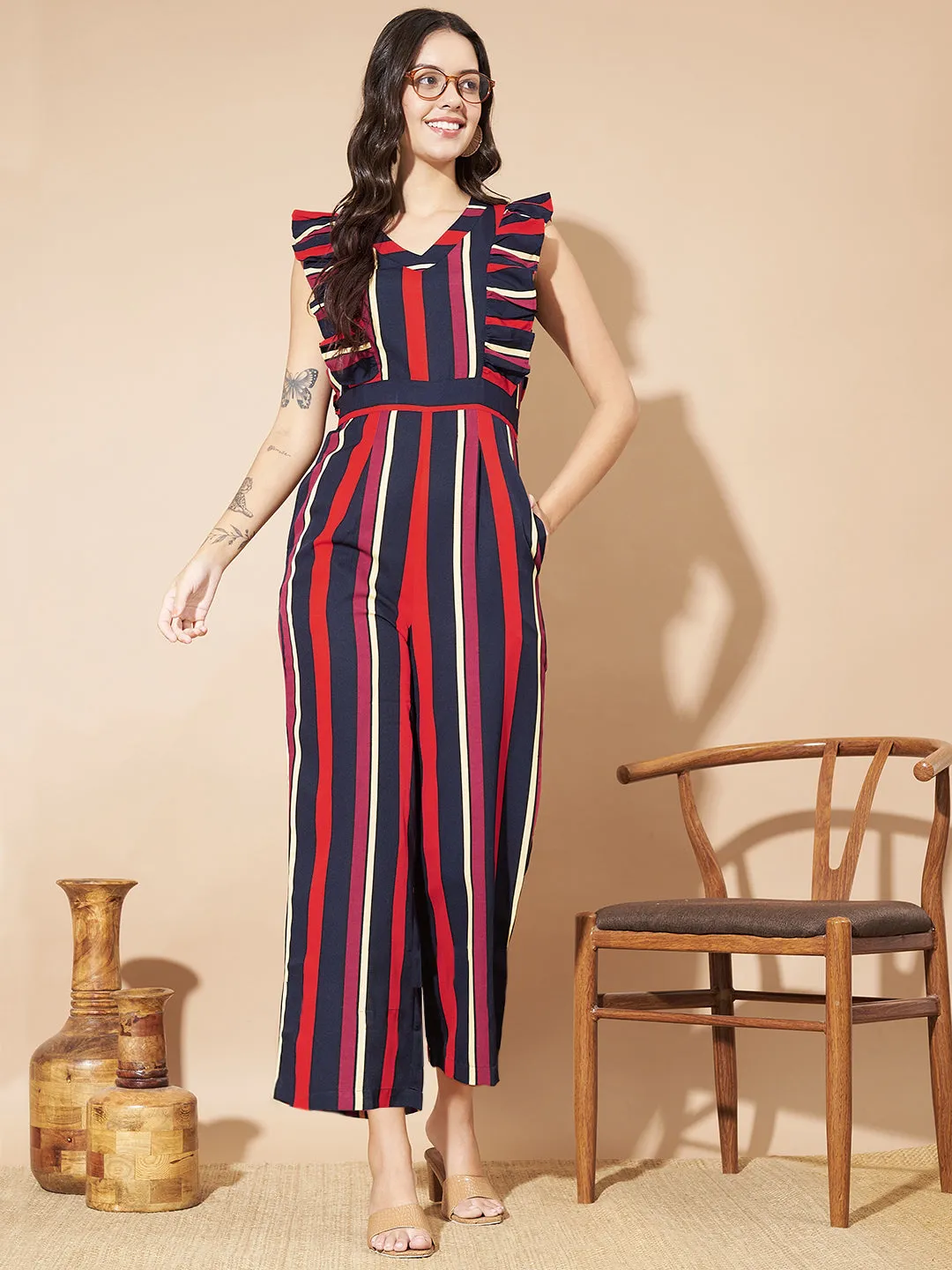 Women Striped Sleeveless with Ruffles Jumpsuit
