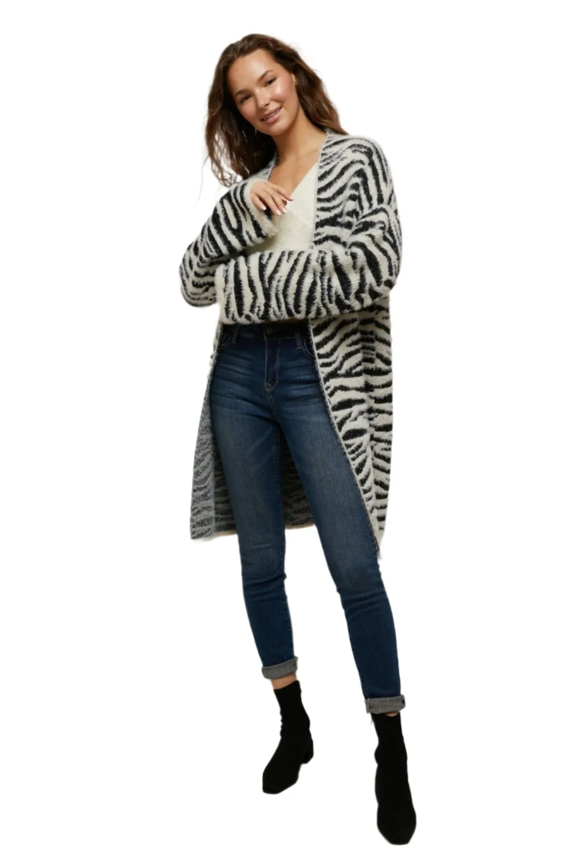 Zebra Open Long Cardigan Sweater